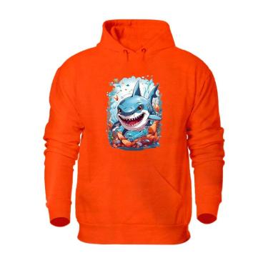 Imagem de Blusa de Moletom Com Capuz Bolso Canguru Flanelada Quente Inverno Estampa Tubarão