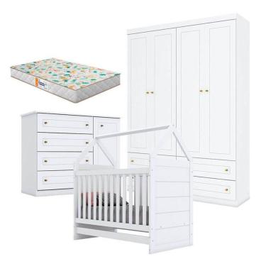 Imagem de Quarto De Bebê Americano 4 Portas Branco Com Colchão Gazin - Henn