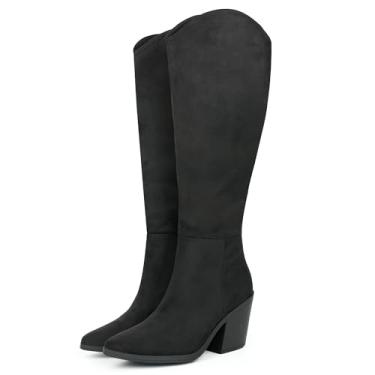 Imagem de Hawkwell Bota feminina de camurça na altura do joelho salto alto bloco grosso clássico despojado moda bico fino zíper lateral bota alta, Preto, 41