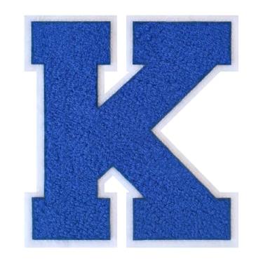 Imagem de 1 Patch de letra de chenille azul de 15 cm com borda branca – Adesivos do alfabeto para roupas, jaquetas, mochilas, chapéus para decoração personalizada, nome personalizado e artesanato. (K)