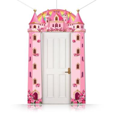 Imagem de CUTHOLLOW 3 peças de banner de porta de castelo de fantasia, faixa de sinal de varanda de castelo rosa com torres florais, decorações de festa de princesa pendurado pano de fundo de boas-vindas para