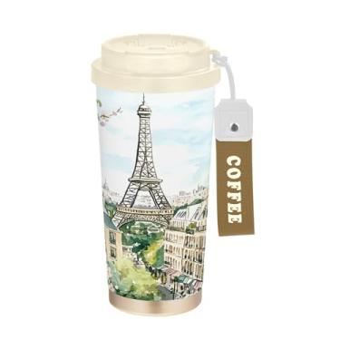 Imagem de SEHANY Caneca de viagem Torre de Paris em aquarela de 500 ml Copos de café reutilizáveis revestidos de cerâmica com tampa à prova de vazamento, parede dupla, isolamento a vácuo, copo de café de aço