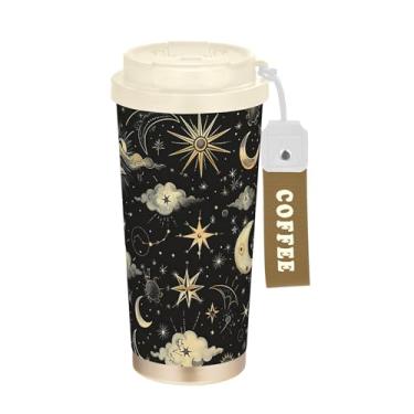 Imagem de SEHANY Caneca de viagem Sol e Lua 482 g Copos de café reutilizáveis revestidos de cerâmica com tampa à prova de vazamento, parede dupla, isolamento a vácuo, copo de café de aço inoxidável para bebidas