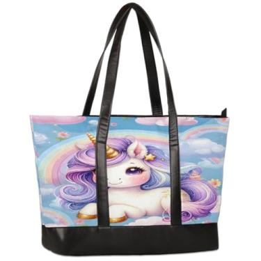 Imagem de Bolsa de lona para laptop feminina unicórnio fofa roxa 15,6 polegadas grande capacidade bolsa de mão leve casual bolsa de ombro para negócios, escritório, trabalho, viagem, escola, faculdade, fim de