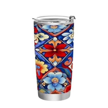 Imagem de Blueangle Copo de 590 ml com tampa e canudo, copo de café com água isolada a vácuo de aço inoxidável, caneca térmica de cerâmica mexicana para bebidas quentes e frias (137)