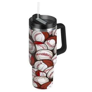 Imagem de Blueangle Copo padrão de bolas de beisebol de 850 g com alça e tampa de palha, caneca de viagem de aço inoxidável isolada a vácuo de parede dupla, garrafa de água reutilizável para academia de