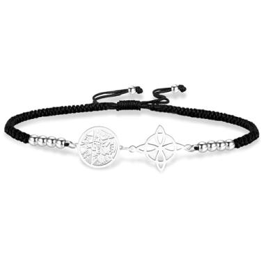 Imagem de VASSAGO Pulseira com nó de bruxa tetragrama pulseira pentagrama nó celta pingente nome de deus corda trançada ajustável proteção bruxaria joias pagãs para mulheres e homens, Aço inoxidável, Sem Pedra