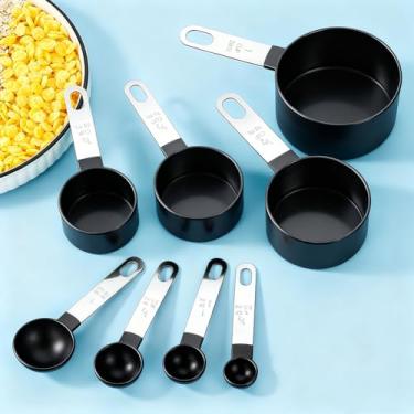 Imagem de Conjunto de 8 copos de medição e colheres, copos e colheres empilháveis, cabo de aço inoxidável com medidas, utensílios de cozinha para cozinhar e assar (preto)