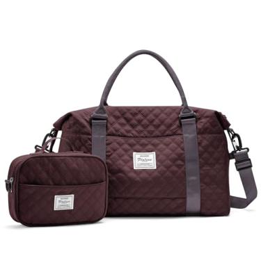 Imagem de Bolsa de viagem feminina, bolsa de viagem para o fim de semana com bolso molhado e manga de carrinho, bolsa de viagem para academia, bolsa pessoal de viagem, A2 - vinho roxo com bolsa de higiene pessoal