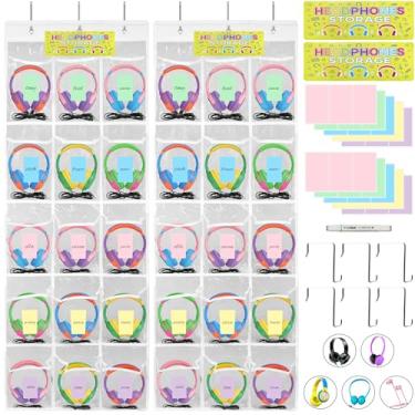 Imagem de [Pacote com 2] Organizador de fone de ouvido com 30 bolsos transparentes de PVC para pendurar na porta com 62 etiquetas e ganchos, suporte dobrável para fones de ouvido para sala de aula, escritório