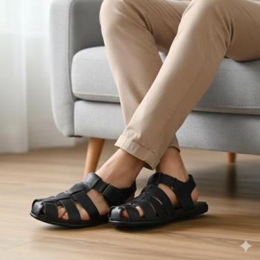 Imagem de Sandália Masculino Couro legitimo Solado Borracha Conforto Dia a Dia -