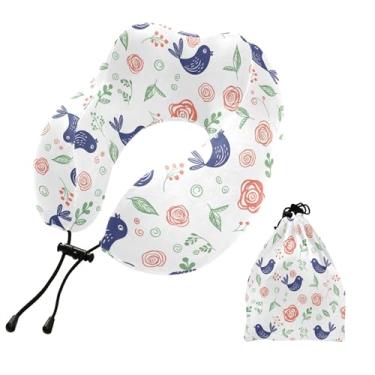 Imagem de Burbuja Travesseiro de pescoço com flores de pássaros para viagem, almofada de viagem de espuma viscoelástica para dormir, suporte de cabeça de avião de carro, lavável na máquina e portátil