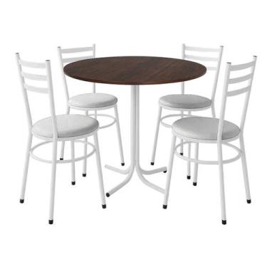 Imagem de Mesa de Jantar Redonda 80cm Imbuia Com 4 Cadeiras Estofada Branca - La