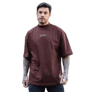 Imagem de Camiseta Oversized Gola Alta Aplique Assinatura Streetwear Confortavel Masculina Marrom-Masculino