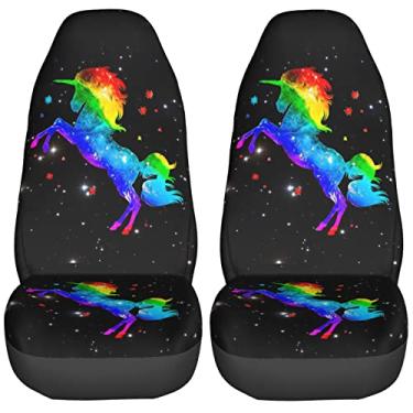 Imagem de Foruidea Capas de assento de carro de unicórnio para Galaxy Rainbow Universal 2 peças Capa de assento frontal serve na maioria dos carros, SUV, Sedan, caminhões