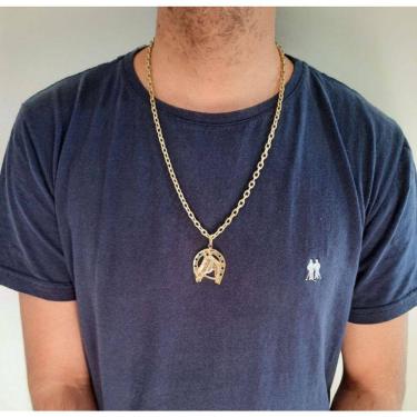 Imagem de Kit Corrente Masculina Cadeado Liga de Moeda com Pingente ferradura Fecho Canhão 65cm 5mm