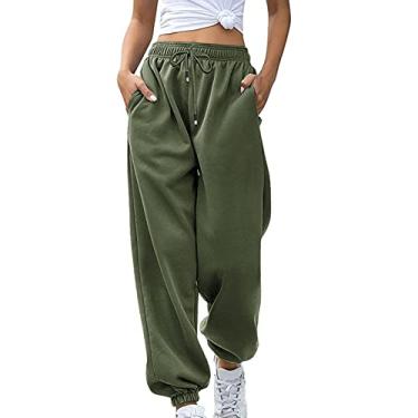 Imagem de Tawop Calça de moletom lisa para mulheres 2023 com cordão cintura elástica calça atlética calça justa calça larga Y2K, Verde militar, P