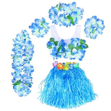 Imagem de ACHVAC Guirlanda de Natal artificial 6 peças Havaí tropical hula grama dança saia crianças flores leis pulseiras faixa de cabeça colar sutiã conjunto fantasia de festa havaiana (cor: azul)