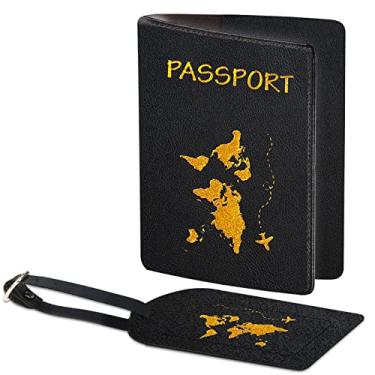 Imagem de Conjunto de porta-passaporte, etiquetas de bagagem, capa de passaporte e porta-cartão de vacina, carteira de passaporte impermeável de couro PU para mulheres/homens, capa de passaporte, livro de