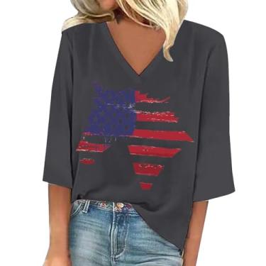Imagem de Camiseta feminina patriótica com bandeira americana manga 3/4 Dia da Independência Top 4 de julho Vintage Star Stripe Blusa Gráfica Túnica, Cinza, G