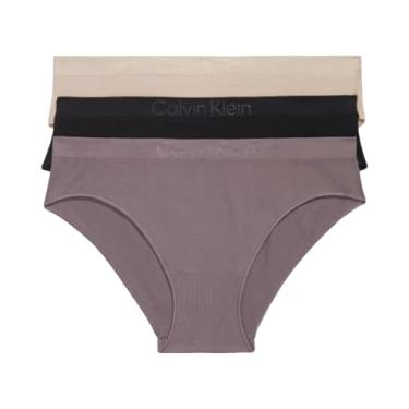 Imagem de Calvin Klein Biquíni feminino Bonded Flex sem costura, pacote com 3, cintura média, Preto/cedro/pardal, P