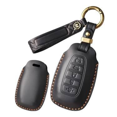 Imagem de HIBEYO Capa de chaveiro de couro genuíno personalizável com 5 botões compatível com Hyundai Palisade Elantra Kona Azera Santa Grandeur IG 2024 Acessórios Capa de chave personalizada - 5 botões preto