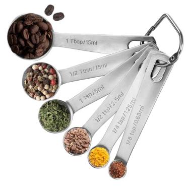 Imagem de Conjunto de 6 colheres de medição de aço inoxidável 18/8 – 1/8 colher de chá, 1/4 de colher de chá, 1/2 de colher de chá, 1 colher de chá, 1/2 de sopa e 1 colher de sopa, colheres de medição de metal, colher de sopa e colher de chá para medir ingredientes líquidos e secos