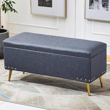 Imagem de Banqueta para pés otomana de couro sintético macio, decoração retangular moderna para móveis, bancos multifuncionais, banco de armazenamento luxuoso, azul-cinza, 60 x 40 x 45 cm (24 x 16 x 18