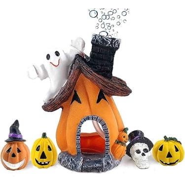 Imagem de Ginfonr Requintado esconderijo de peixe Halloween abóbora ornamentos de aquário casa fantasma, borbulhador de ar para Halloween decorações de cavernas subaquáticas, para esconder manchas de natação para peixes, répteis, anfíbios