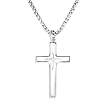 Imagem de Colar com cruz de prata esterlina 925 para homens e mulheres, corrente de aço inoxidável durável, banhado a ouro branco 18K, borda chanfrada, rebites góticos, preto, texturizado, crucifixo de