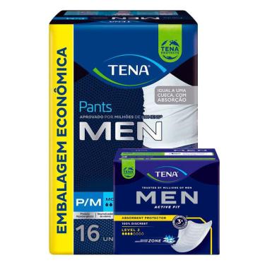 Imagem de Kit Absorvente Protetor Masculino Tena Men Active Fit 10 Unidades + Cueca Descartável Tena Pants Men p/m 16 Unidades