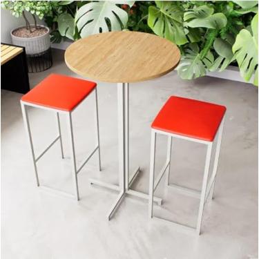 Imagem de Conjunto Mesa Alta Bar Bistrô Redonda Pinus 2 Bancos Estofado Industrial White (Vermelho)
