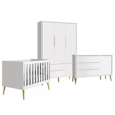 Imagem de Quarto Infantil Theo 3 Portas Branco Fosco Com Pés Madeira Natural - Reller Móveis Bran...