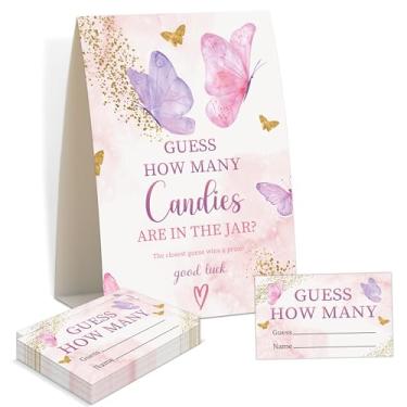 Imagem de Jogos de chá de bebê - Butterfly Adivinhe quantos doces estão no pote, 1 placa e 50 cartas de adivinhação, jogo de revelação de gênero, suprimentos de decoração de chá de bebê de borboleta (KA11)