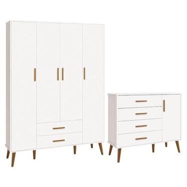 Imagem de Jogo De Quarto Infantil Isis Guarda Roupa 4 Portas E Cômoda 1 Porta Branco - Reller Móveis Branco