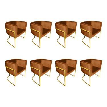 Imagem de Kit 8 Poltronas Decorativa Sala De Estar Base De Ferro Dourada Veludo Terracota Laranja