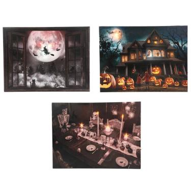 Imagem de Quadro Decorativo Halloween Iluminado Led Modelo Mansão Com Abóboras