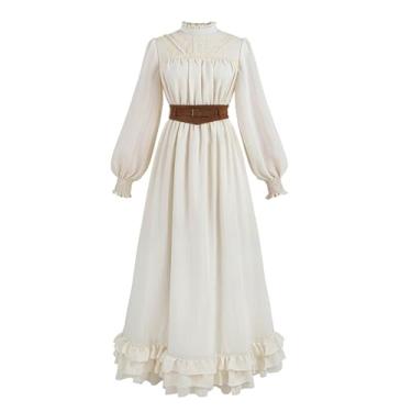 Imagem de Nuoqi Vestido vitoriano feminino 1800 fantasia eduardiana vestido renascentista de manga comprida com cinto espartilho, branco, GG