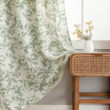 Imagem de Conkov Cortinas florais verdes para sala de estar 213 cm de comprimento, estampa francesa de peônia verde em cortinas de linho bege, filtragem de luz, tratamento de janela, cortinas de fazenda, pacote