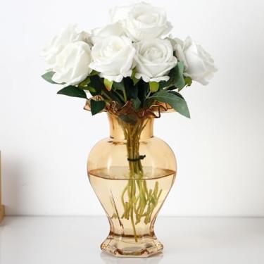Imagem de MARTAGE Vaso de vidro grande, vaso âmbar para flores, vasos de flores para buquês, vasos de flores de vidro para sala de estar, mesa de jantar, prateleira, casamento, escritório, mesa de centro, 23 cm