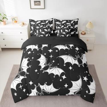 Imagem de Feelyou Conjunto de cama casal de morcegos de Halloween, 7 peças, para crianças, meninos, meninas, galáxia, dia das bruxas, cama noturna em uma bolsa, preto e branco, com edredom, lençóis, fronhas e