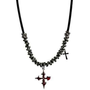 Imagem de Kokoma Colar gótico com pingente de cruz vermelha para mulheres, corrente de elos de zircônia cúbica com pingente de cruz ajustável, gargantilha punk de Halloween, bijuteria moderna