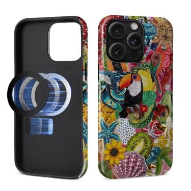 Imagem de MQJCYB Capa magnética para iPhone 15 Pro, compatível com Magsafe Hybrid Heavy Duty 2 em 1 Capa brilhante resistente à prova de choque para iPhone 15 Pro - colagem de estrelas do mar de pássaro