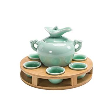 Imagem de AKALNNB Conjunto de utensílios de mesa, vinho de arroz amarelo cerâmico, pote de vinho, copo de vinho, aquecimento (D cinza claro) (D cinza claro)