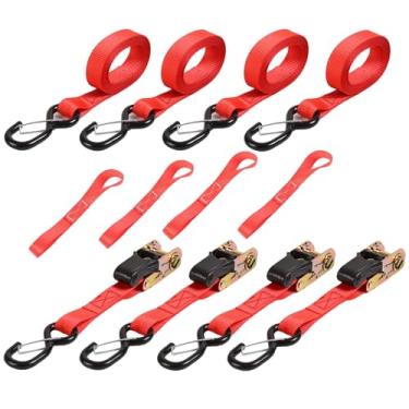 Imagem de Pacote com 4 correias de catraca resistentes - 2,5 cm x 16,4 pés - 771 kg Conjunto de tiras de amarração de catraca com trava de segurança S ganchos - para aparelhos móveis de motocicleta, vermelho