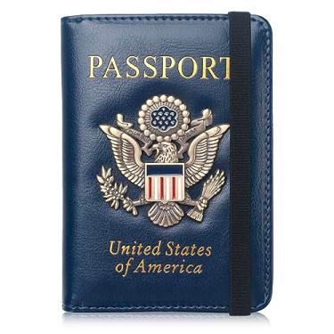Imagem de Carteira com porta-passaporte para viagem masculina e feminina, capa RFID para passaporte dos EUA, protetor de documentos de viagem de couro impermeável com compartimento para cartão de vacina - azul