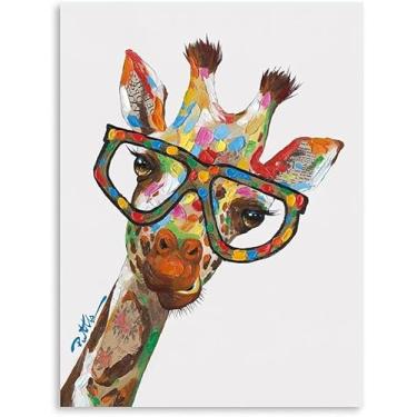 Imagem de Kunstorner Arte de parede de girafa engraçada pintura de animal colorida pintura de arte para quarto infantil, banho infantil, escritório, pronto para pendurar (30,5 x 40,6 cm)