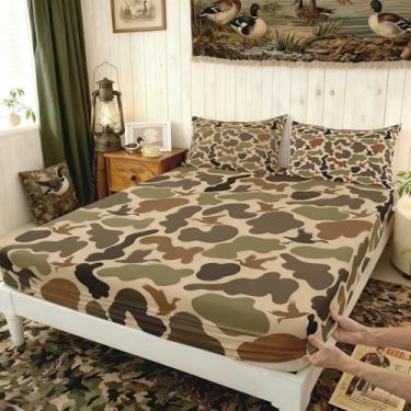 Imagem de Jogo de lençol solteiro camuflado verde exército, silhueta de pato para decoração de quarto de crianças, adolescentes e adultos, 2 peças, lençol com bolso profundo de animais selvagens, 1 fronha