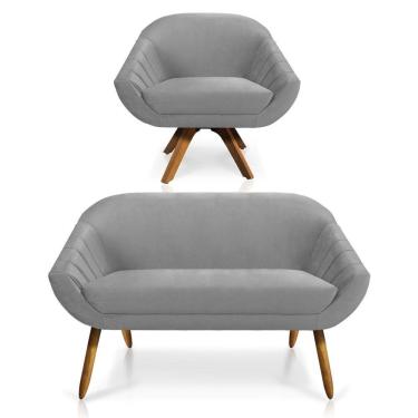 Imagem de Kit 01 Namoradeira 02 Lugares E 01 Poltrona Giratória Giovana Veludo Base Madeira Cinza