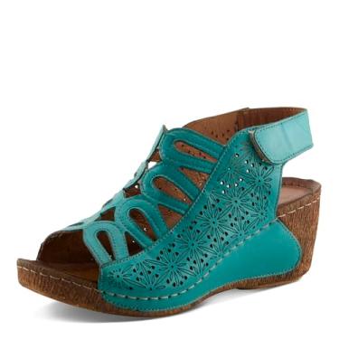 Imagem de Spring Step Sandálias femininas de couro Inocencia | Sandálias de salto baixo femininas com design floral de corte a laser, alça de velcro, estilo mediterrâneo, Turquesa, 38